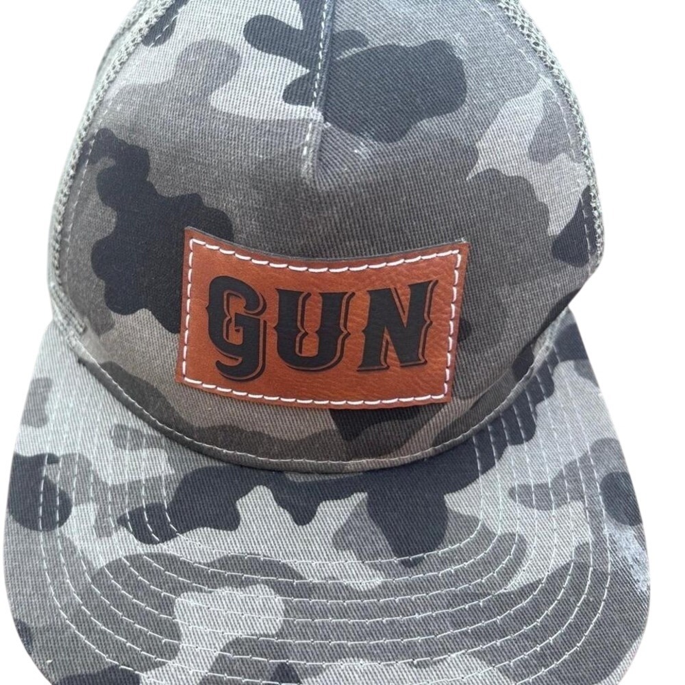 Unbranded Trucker Hat Men OSFM Gray Camo Good GUN Leather Patch Snapback Cap